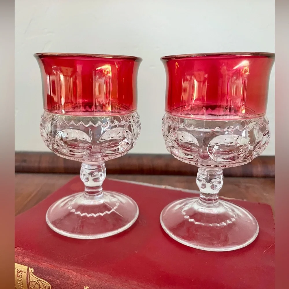 Pair of Vintage Ruby Flashed‎ Thumbprint Cocktail Goblets